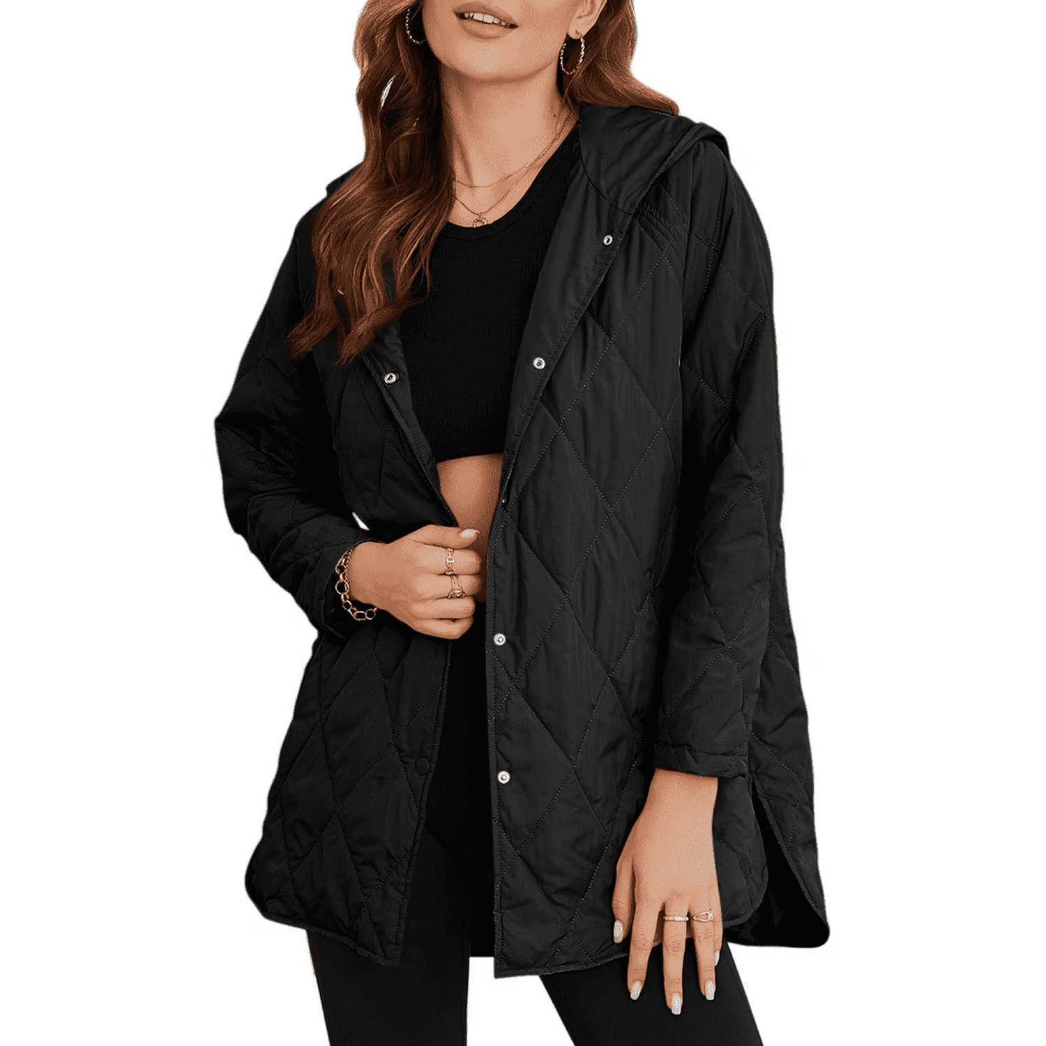 Long Compact Jacket Women Winter Long Jackets Casual Hooded Quilted Jacket Lightweight ...