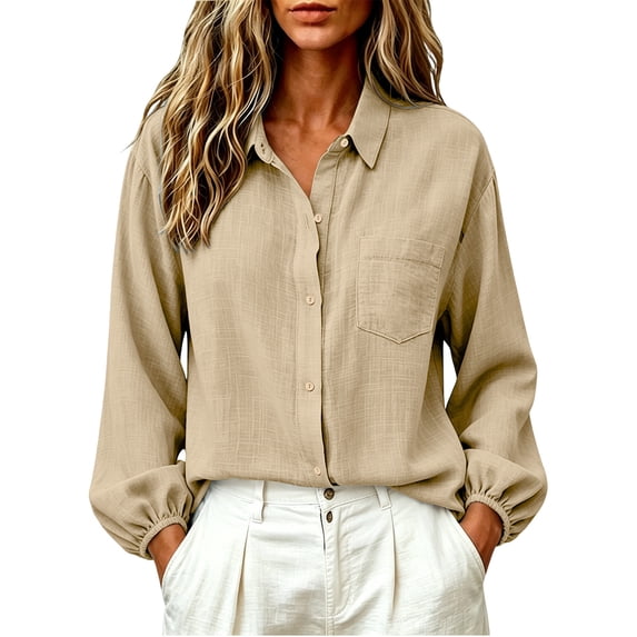 Lightweight Long Sleeve Topss for Women Cotton Linen Solid Color Button Shirt Turn Down Collar Loose Casual T Shirt for Daily Work Lounge