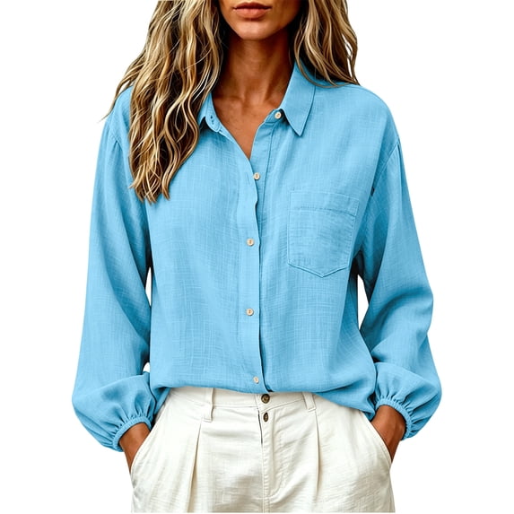 Lightweight Long Sleeve Topss for Women Cotton Linen Solid Color Button Shirt Turn Down Collar Loose Casual T Shirt for Daily Work Lounge