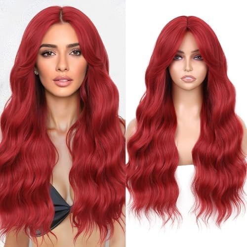 Lightweight Long Wavy Wig with Curtain Bangs for Women - Looking Red Synthetic Wig for Daily Wear, Beginner Friendly Heat Resistant Fashion Wig, Hair,Halloween
