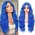 thumbnail image 1 of Lightweight Long Wavy Wig with Curtain Bangs for Women -  Looking Blue Synthetic Wig for Daily Wear, Beginner Friendly Heat Resistant Fashion Wig, 1 of 6