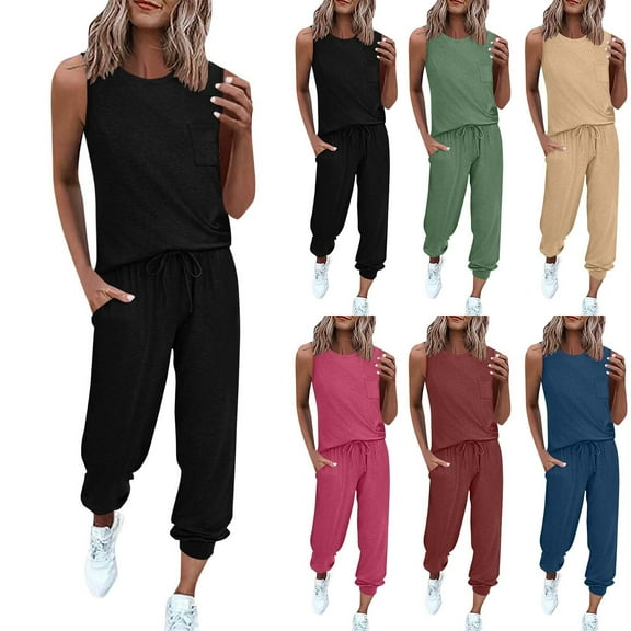 Lightweight Lounge Sets for Women Slouchy Relaxed 2 Piece Tracksuit Outfits Sleeveless Crewneck Sweatshirt with Pocket Casual Drawstring Elastic Waist Capri Sweatpants Trendy Joggers Sports Clothes