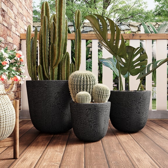 Lightweight MGO Planter Set of 3,16.93"+13.78"+11.02" Dia Round Concrete Stackable Flower Pots with Drainage Holes and Rubber Plug,Crackle Stone Texture for Patio Garden Balcony Indoor Outdoor