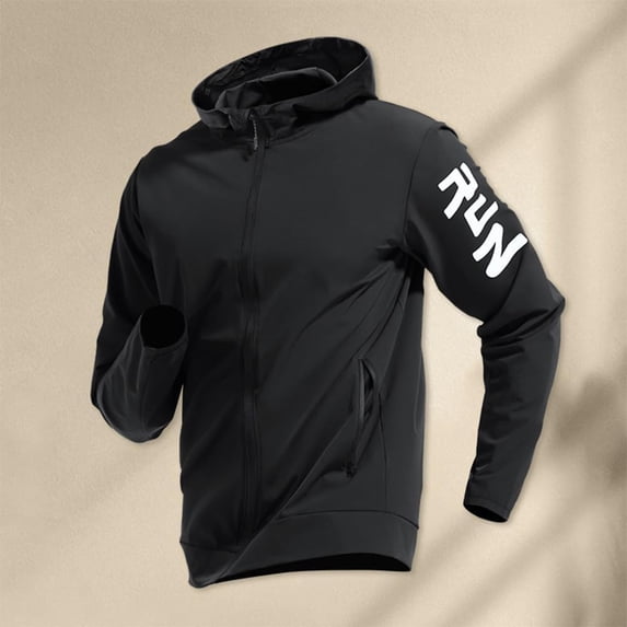 Lightweight Men's Hooded Jacket, Quick-Dry, Athletic, Full-Zip, Windbreaker for Sports, Black, 2XL