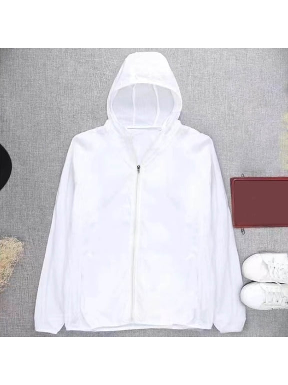 Lightweight Men's Jacket Plain Zip Up White Jacket Hood Casual Pocket Long Sleeve Mens Fashion