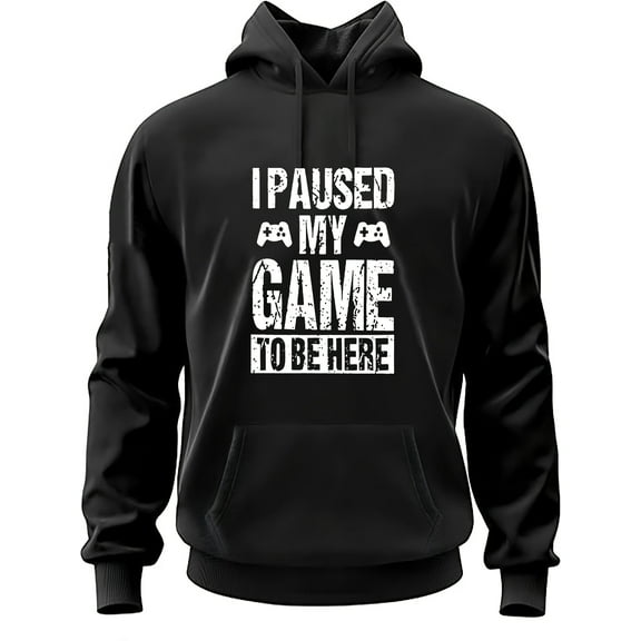 Lightweight Men's Trendy Gaming Hoodie - "I Paused My Game to Be Here" Graphic Print, Black Long Sleeve Sweatshirt with Front Pocket, Casual Polyester Hoodie
