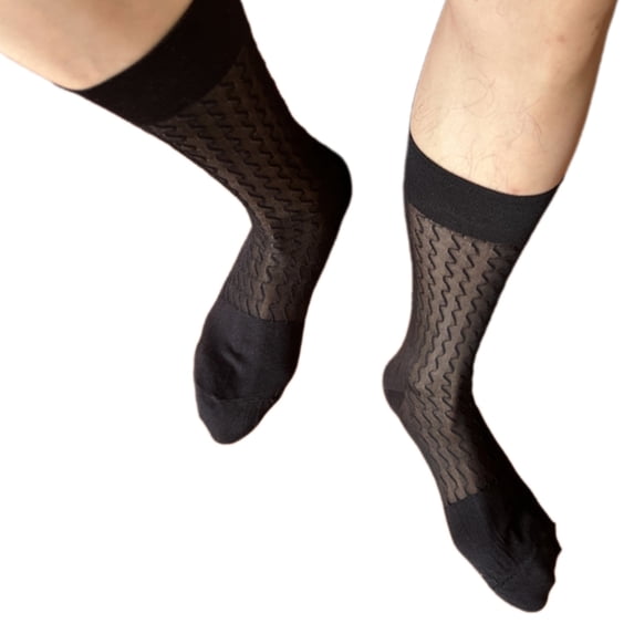 Lightweight Men's Waved Pattern Sheer Nylon Dress Socks for Office and Event