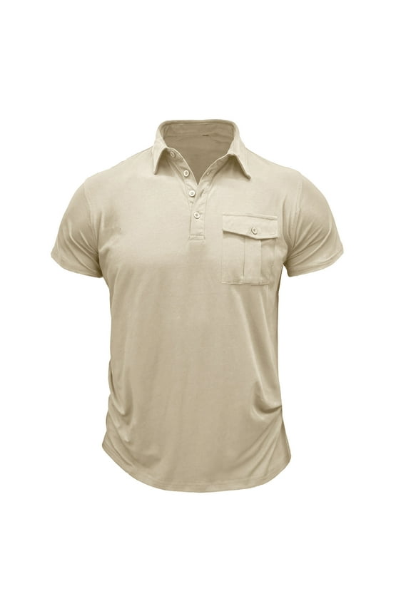 Lightweight Mens Dress Shirts Short Sleeve Solid Trendy Lapel Loose Fit Pullovers with Pocket(Beige,M)