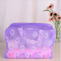 Lightweight Mesh PVC Cosmetic Makeup Bag with Zipper, Floral, Purple