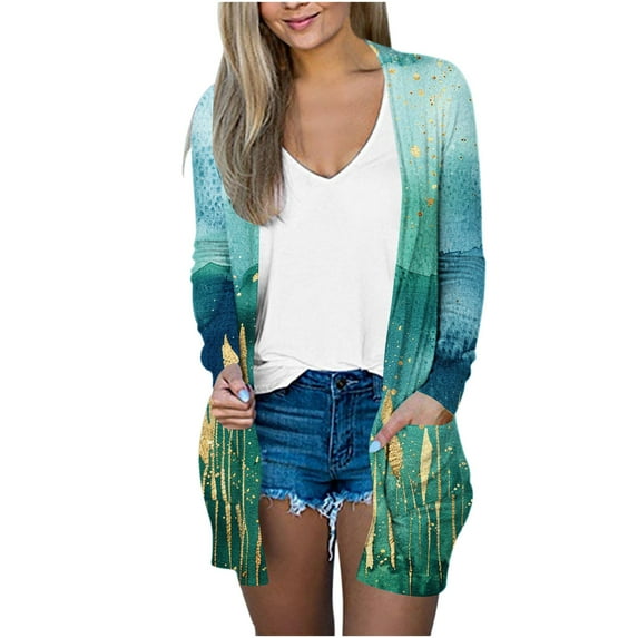 Lightweight Mid Length Cardigans for Women Long Sleeve Print Open Front Shirt Casual Loose Thin Coat with Pockets (Green 2XL)