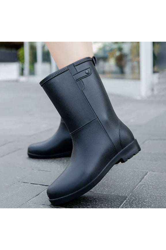 Lightweight Mid Shaft Rain Boots for Ladies and Girls, Side Stretch Stitching Easy Slip On Rubber Boots, Low Profile Anti Slip Outsole for Shopping Yard Work Hiking Black 36