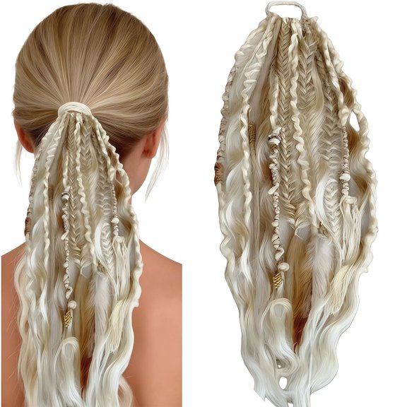 Lightweight Natural Hand-Braided Braids Long Viking Bead,19.68" Elastic Dread Ponytail,Boho Dreadlock Hair Extension with Beads for Women,One Minute Elastic Hair Tie Attachment for Festival Daily