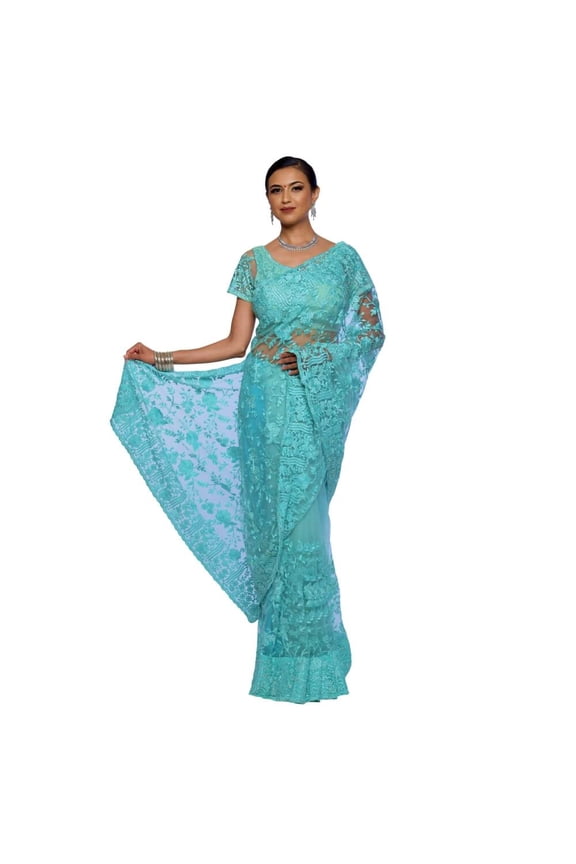 Lightweight Net saree with embroidery and diamond work Size: XS, Color: Green