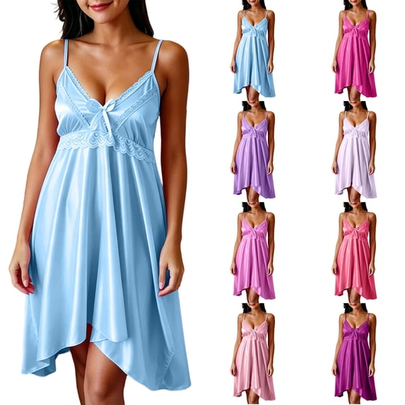 Lightweight Nightgowns for Women Zaewscy Women's Casual Summer Short-style Lace Knee-length Nightgown With Bow Decoration Sky Blue Free Size