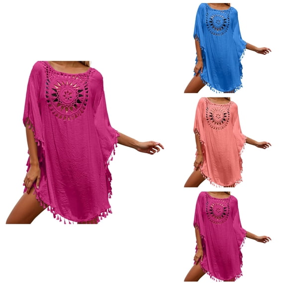 Lightweight Off-Shoulder Crochet Beach Cover Up with Tassels Plus Size Swimsuit Wrap in Chiffon for Spring & Summer Vacation