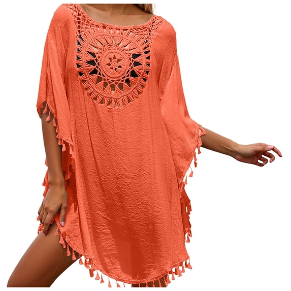 Lightweight Off-Shoulder Crochet Beach Cover Up with Tassels Plus Size Swimsuit Wrap in Chiffon for Spring & Summer Vacation
