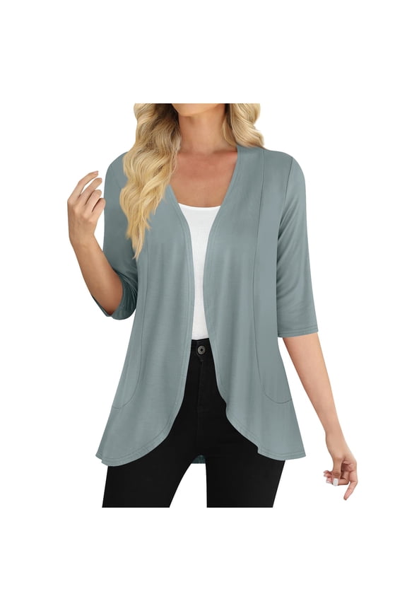 Lightweight Open Cardigan Women 2025 - 3/4 Sleeve Draped Ruffles Knit Cover Up Casual Loose Fit Summer Fall Minimalist Quiet Luxury Effortless Chic