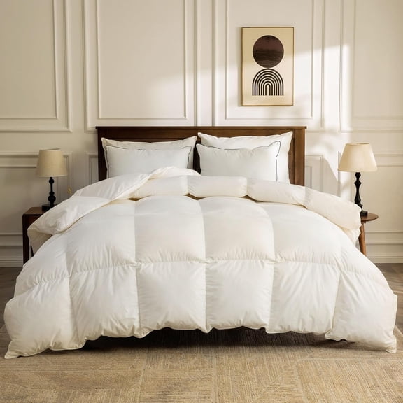 Lightweight Organic Feather Down Comforter Oversized King, Hotel-Luxury Fluffy Duvet Insert with Cotton Cover and Puffy Feather Down Filling, for Summer/Hot Sleepers, Ivory White, 120x98 Inches