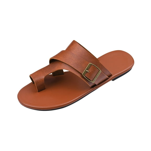 Lightweight Orthopedic Sandals Made Of PU Leather, Flat Leather Sandals for Women Open Toe Ring Loop Strap Fashion Women Casual Round Head Slippers Comfy Beach Casual Shoes