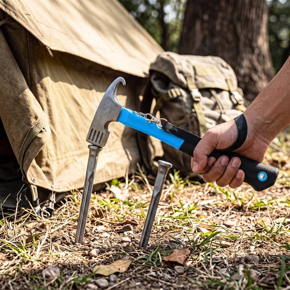 Lightweight Camping Hammer with Tent Stake Puller, Heavy Duty Carbon Steel Tent Mallet with Shock Absorbing Anti-Slip Handle for Backpacking Hiking Beach, Blue, 11.61 x 4.53 In