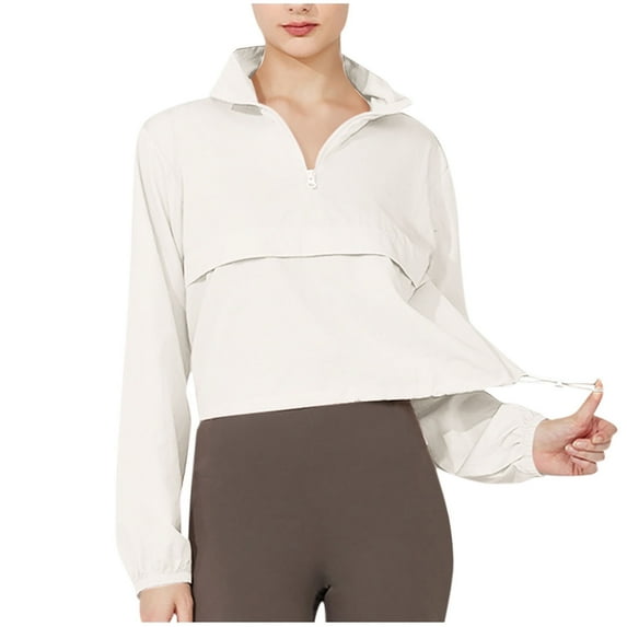Lightweight Outerwear for Women New Women Half Zip Cropped Workout Jackets Lightweight Windbreaker Sun Protection Athletic Running Coat White S