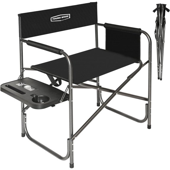 Lightweight Oversized Portable Folding Director Chair with Side Table and Storage Pockets, 400 lb Capacity, Black
