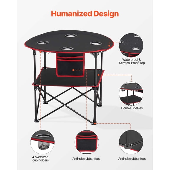 Lightweight Oxford Fabric Camping Table, Round Folding Portable Table with 4 Beverage Holders for Picnics
