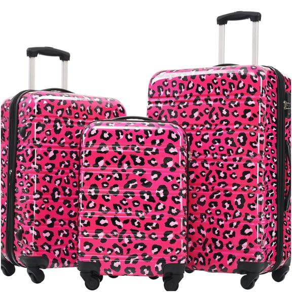 Lightweight PC Hardshell Luggage 3-Piece Set, Expandable Spinner Suitcase with TSA Lock, Hot Pink Leopard