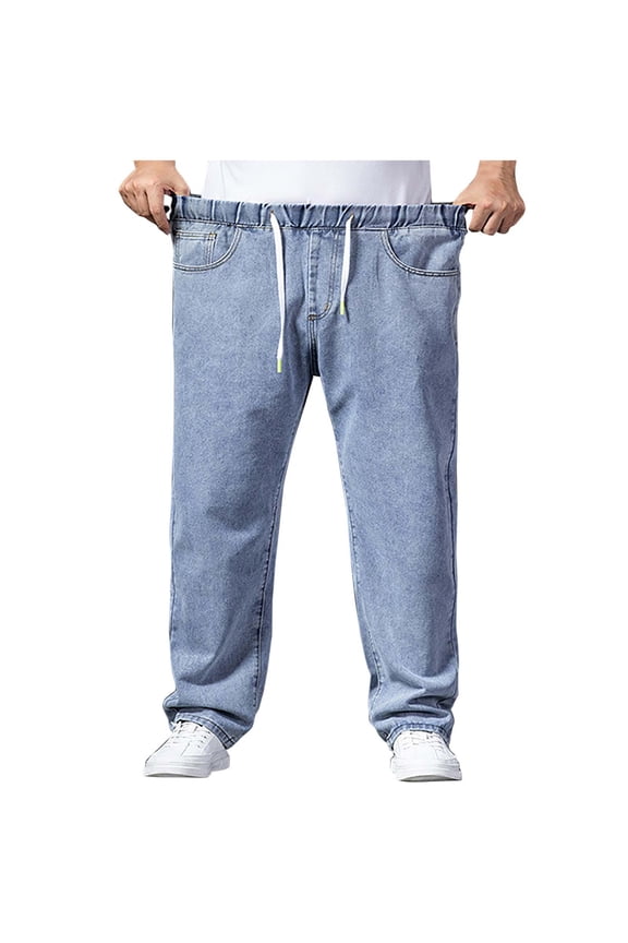 Lightweight Pants Men Trend Men's Drawstring Elastic Jeans, Loose Baggy Straight Leg Denim Pants with Pockets Light Blue L