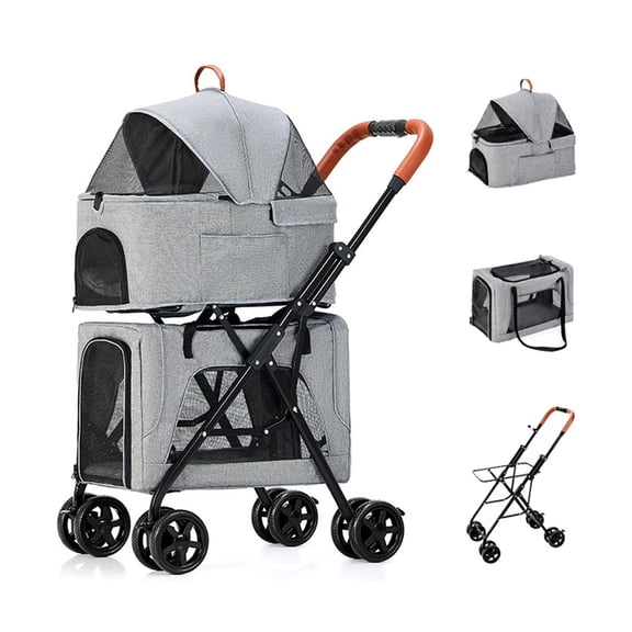 Lightweight Pet Strollers for Dogs and Cats, Double Pet Stroller, Pet Gear 4 Wheel Dog Pram Pet Stroller Pushchair Great for Twin or Multiple, Breathable Travel Carrier, Gray