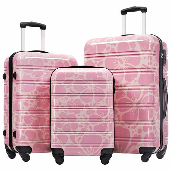 Pink 3-Piece PC Hard Shell Luggage Set with TSA Lock, 20/24/28 Inch Fashion Printed Travel Suitcase Set