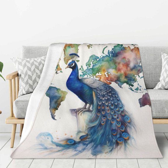 Lightweight Plush Fuzzy Cozy Soft Blankets Map Peacock Warm Plush Fluffy For Blanket Teen Girls Women Couch Bed Sofa Chair Men Boys Gift 80"X60"