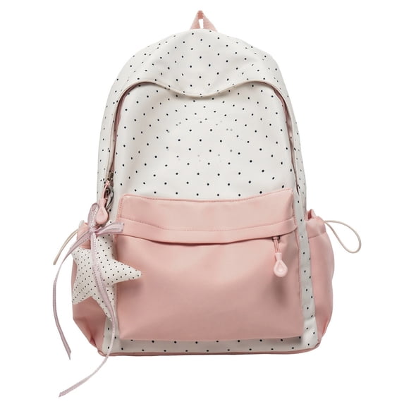 Lightweight Polka Dot Backpack for Teens Large Capacity Nylon Campus Bag with Decorative Pendant Multi-Compartment School Bookbag for Everyday Use Pink