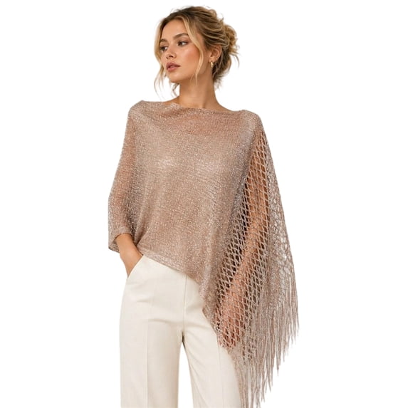 Lightweight Poncho Shoulder Wrap Metallic Mesh Shawl with Fringe Hem ...