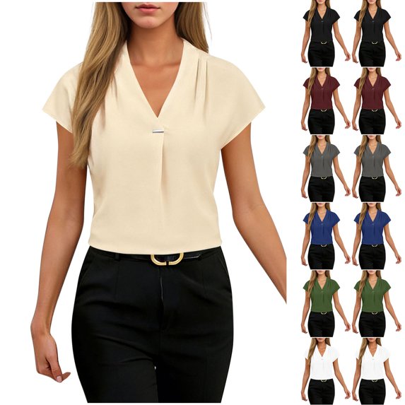 Lightweight Poplin Women's V-Neck Short Sleeve Button Down Blouse Shirt Top Tailored Fit Polished Casual Look Business Office Wear Summer Fashion | CSEONE,White XL