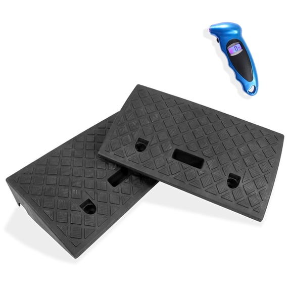 Lightweight & Portable Black Plastic Curb Ramps for Driveway & Sidewalks - Set of Two (2) Black Curb Ramps with Bonus Tire Gauge by Premium Products