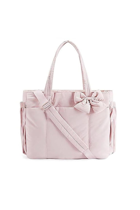 Lightweight Puffy Handbag Large Travel Tote Bag with Bow for Women Travel Work Gym (Camel)