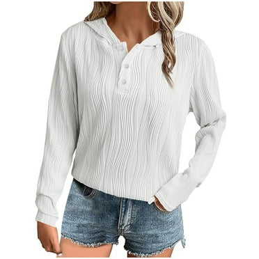 Lightweight Pullover Hoodies for Women Trendy Casual Hooded Plain Sweatshirt 1/4 Button Pull Over Fall Tops (XL, White)