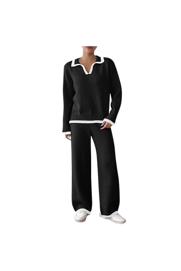 Lightweight Pullover Sweatsuit Womens 2 Piece Sweater Sets, Fall Winter Long Sleeve Lapel V-Neck Pullover and Wide Leg Long Pants Loungewear Warm Knit Outfits Black L