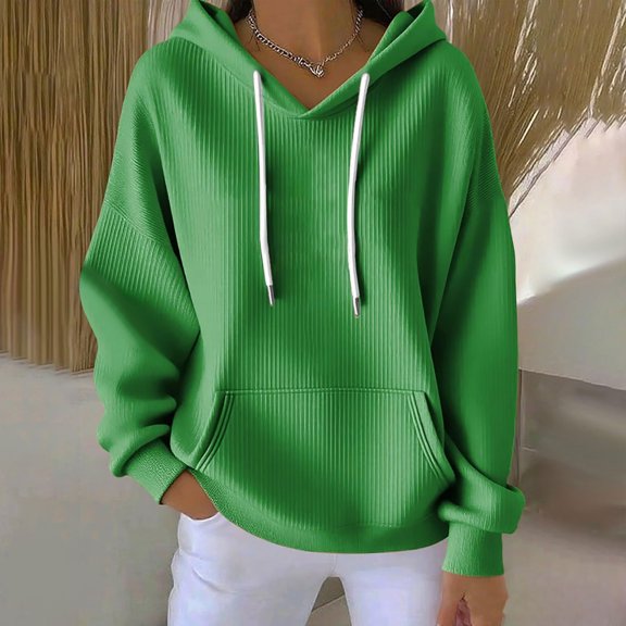 Lightweight Pullover Tops New Ladies' Fashionable Casual Solid Color Long Sleeved Pocket Hooded Groove Stripe Tops Hoodie Style B-67 Green S