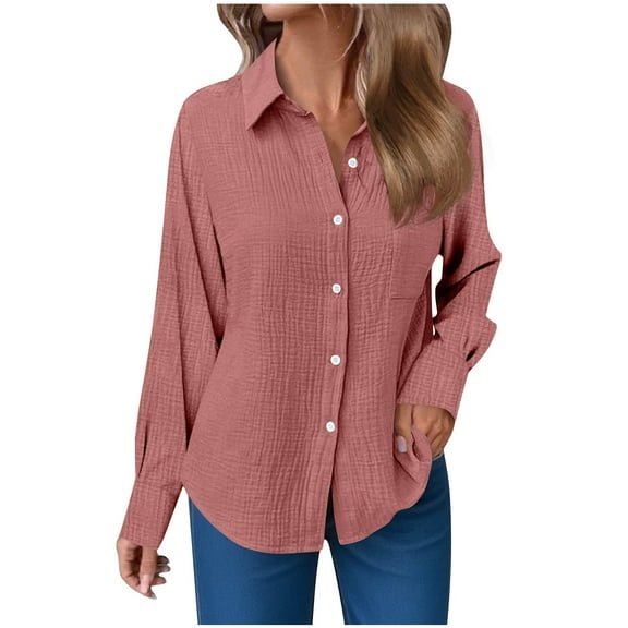 Lightweight Pullover Tops New Women's Button down Shirts Long Sleeve Blouses Dressy Casual Collared Loose Tops Business Work Tunic with Pockets Pinky XL