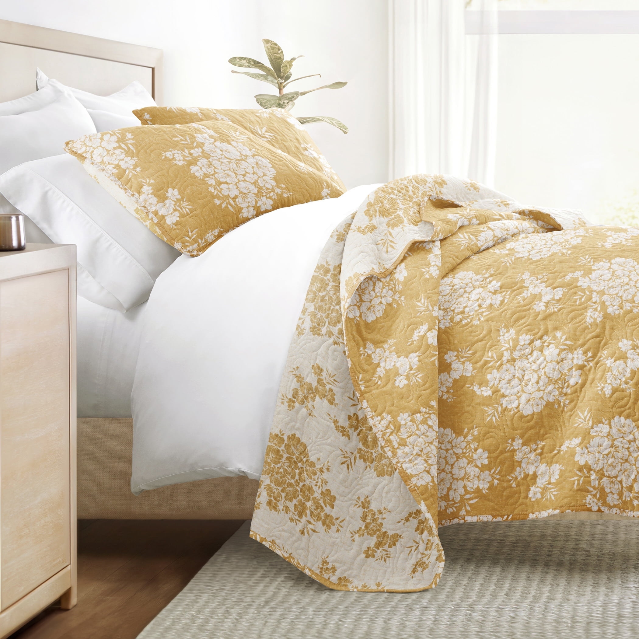 Lightweight Quilt Sets - Wrinkle Free - Coverlet Mustard Yellow Floral Patterns for Full/Queen Size Bedding by Comfort Canopy