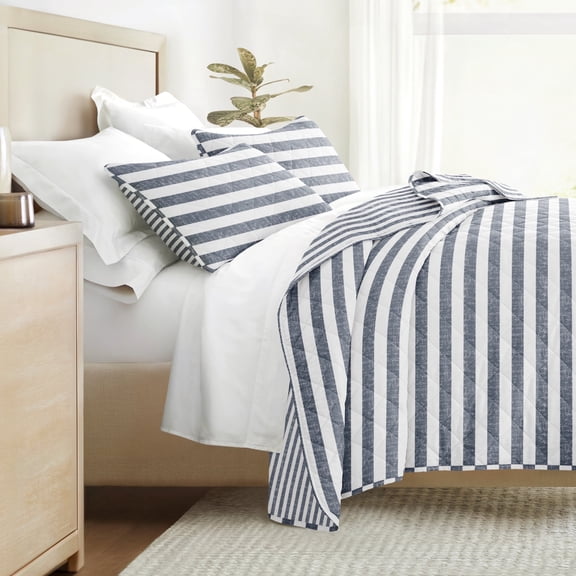 Lightweight Quilt Sets - Wrinkle Free - Coverlet Striped Coastal Blue Pattern for Full/Queen Size Bedding by Comfort Canopy