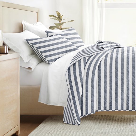 Lightweight Quilt Sets - Wrinkle Free - Coverlet Striped Coastal Blue Pattern for Full/Queen Size Bedding by Comfort Canopy
