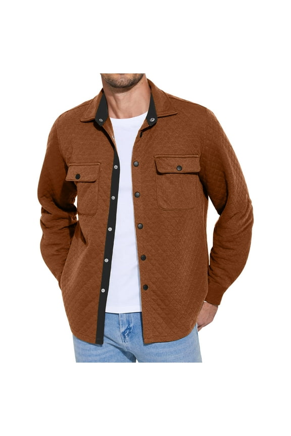 Lightweight Quilted Jacket for Men Snap Button Casual Lapel Shirt Jacket Autumn Shacket Jackets with Chest Pockets