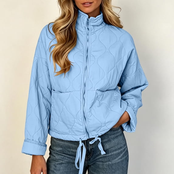 Lightweight Quilted Jacket for Women Stand Collar Full Zip Drawstring Hem Side Pockets Fashion Outerwear Casual Fall Winter Coat,S-3XL