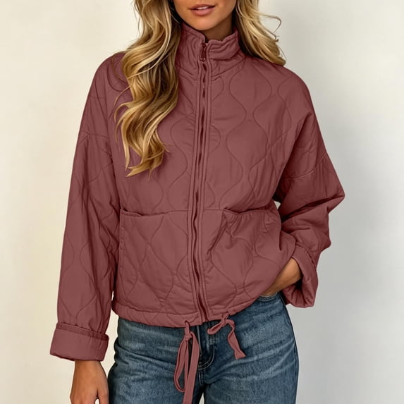 Lightweight Quilted Jacket for Women Stand Collar Full Zip Drawstring Hem Side Pockets Fashion Outerwear Casual Fall Winter Coat,S-3XL