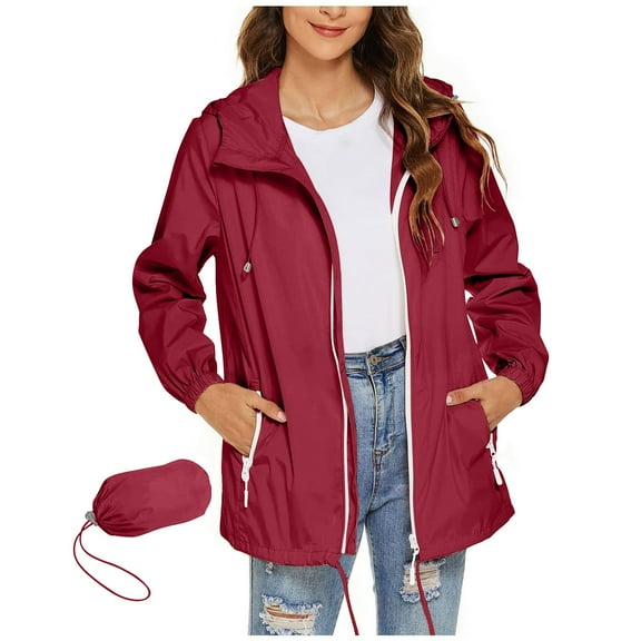 Lightweight Rain Jacket Women, Yigetop Female Solid Color Hooded Sun Clothing Jacket Lightweight Close Fitting Sports Outdoor Long Sleeve Zipper Jacket Rain Coats for Women Wine 2XL