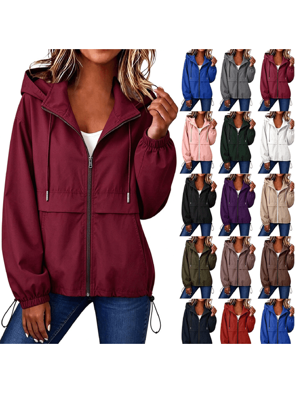 Lightweight Rain Jacket for Women Solid Hooded Waterproof Windbreaker Jacket Packable Outdoor Hiking Full Zip Casual Outerwear with Adjustable Hem