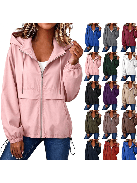 Lightweight Rain Jacket for Women Solid Hooded Waterproof Windbreaker Jacket Packable Outdoor Hiking Full Zip Casual Outerwear with Adjustable Hem